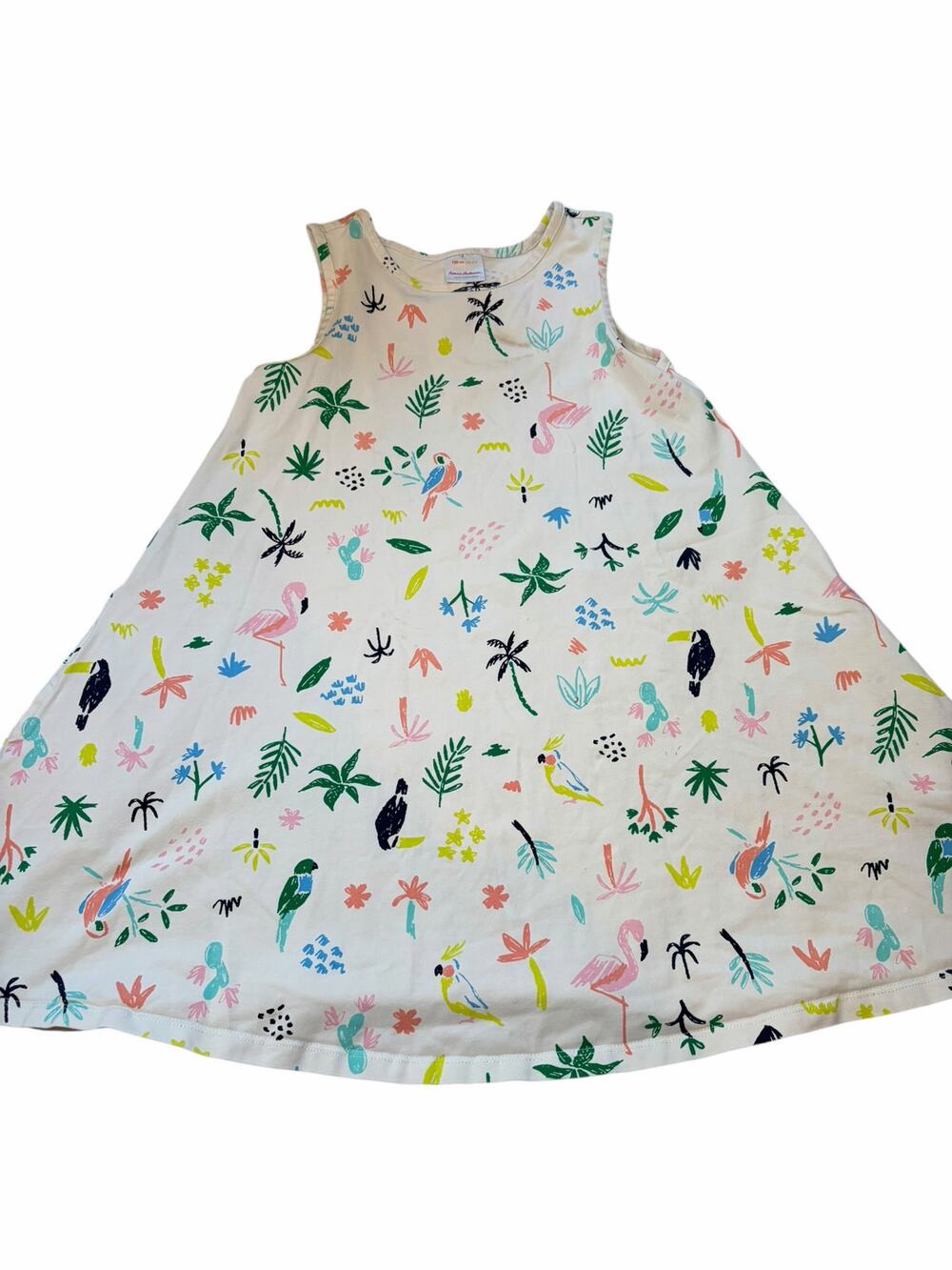 Hanna Andersson Girls Size 6-7 Tropical Flamingo Palm Tree A-Line Dress Pockets